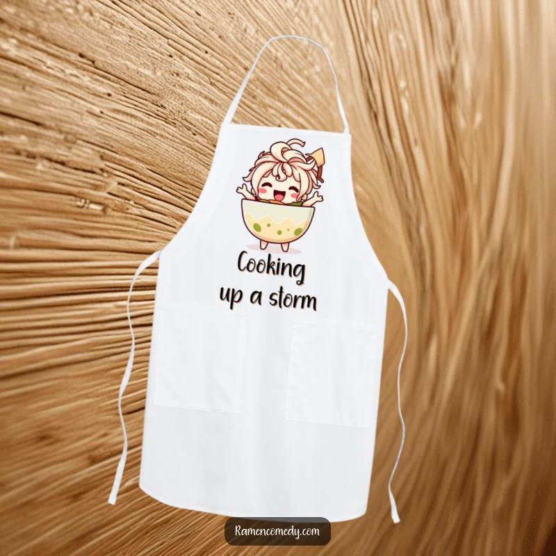 Funny apron featuring a happy ramen bowl character with noodle hair dancing joyfully, adding humor to kitchen tasks.