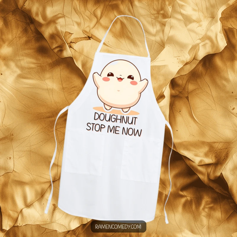 Funny Apron depicting a round, ecstatic dumpling character joyfully bouncing while cooking, ready to bring fun to the kitchen.