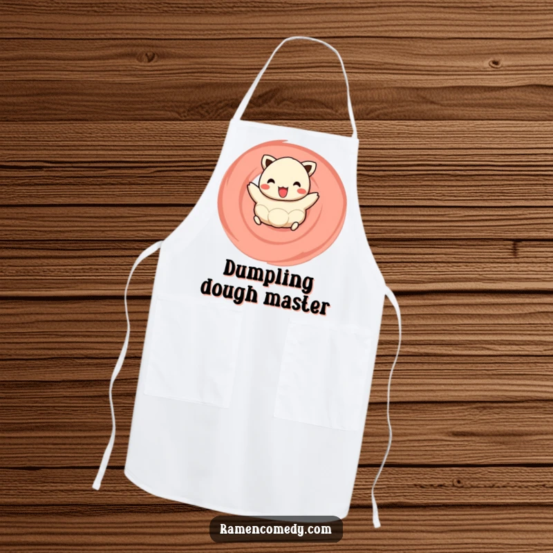 Funny apron graphic of a happy dumpling joyfully hopping on a naruto swirl, adding a fun and appetizing touch to cooking.