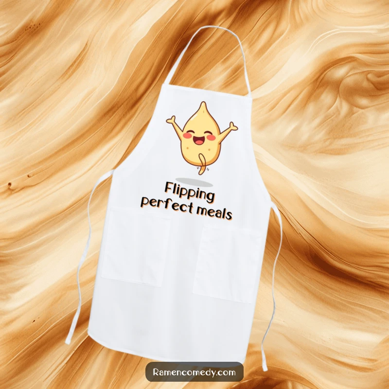 Funny apron featuring a smiling gyoza character performing a cartwheel with glee, adding humor to kitchen tasks.