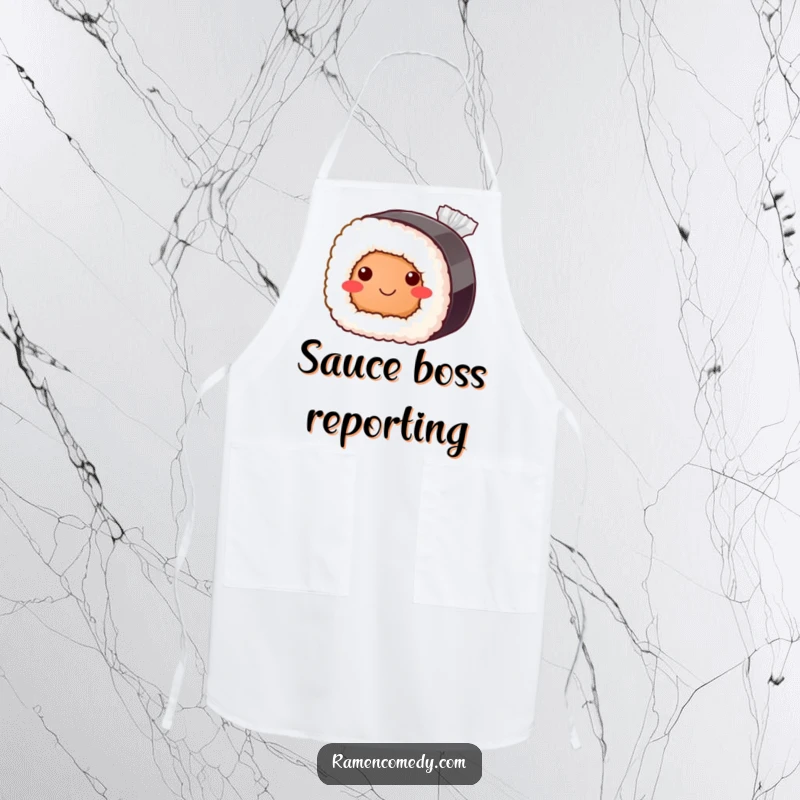 Funny sushi roll apron, bashful smile peeking from soy sauce, cute Japanese food cooking accessory.