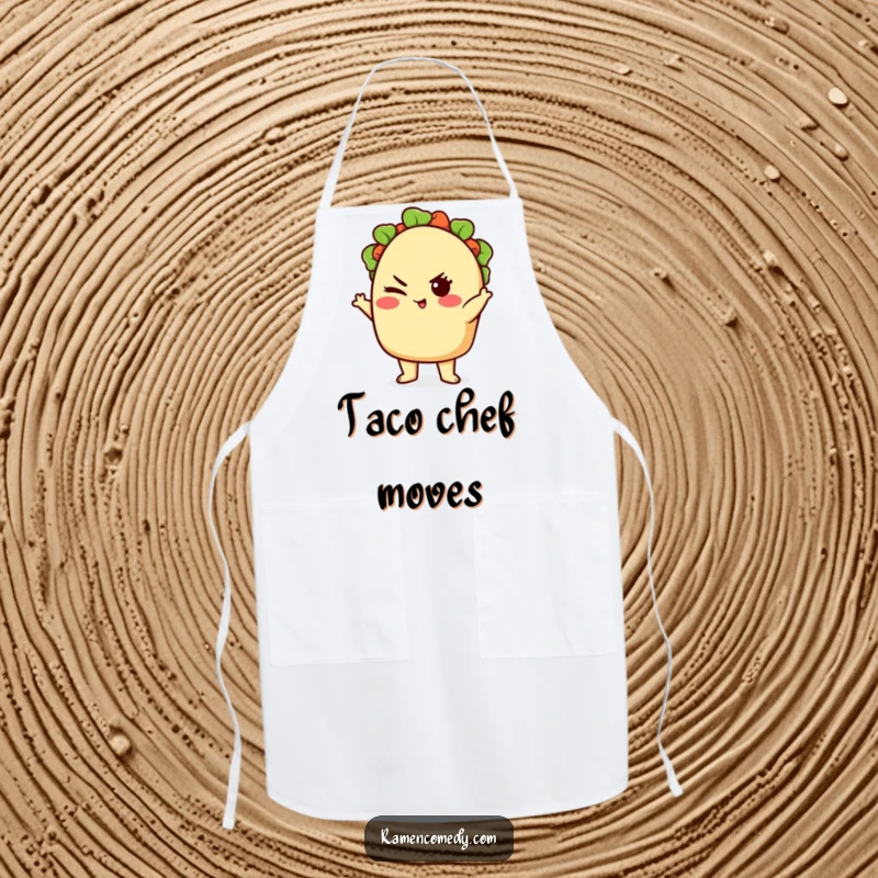 Funny cute taco character striking a confident pose with a wink, functional kitchen apron.
