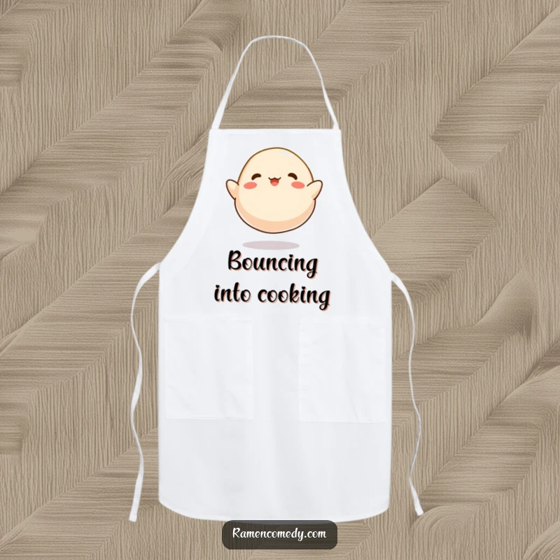 Funny Dumpling Bounce Apron, a cartoonish dumpling happily bouncing like a tiny ball, designed for the kitchen.
