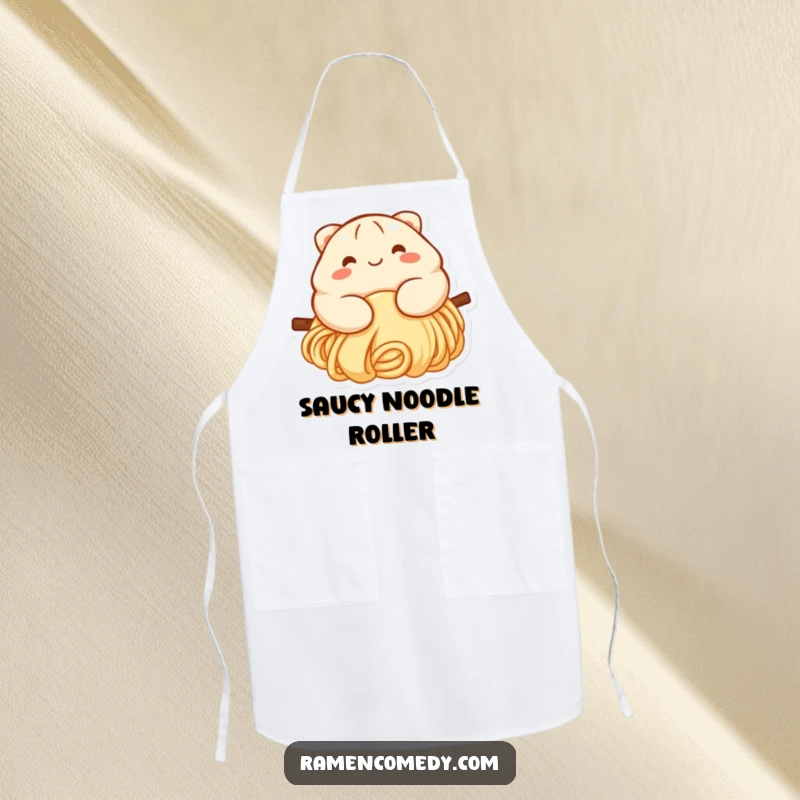 Funny dumpling apron showing a smiling dumpling with rosy cheeks sliding down a noodle, great for kitchen protection and charm.