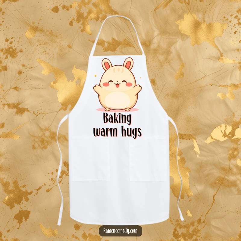 Funny happy bao bun apron, a cute character offering a warm hug, ideal for cozy kitchen fun.