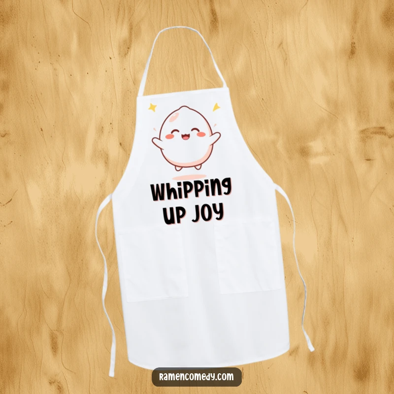Funny mochi bounce apron featuring a cute mochi character joyfully bouncing with infectious happiness, perfect for a fun cooking session.