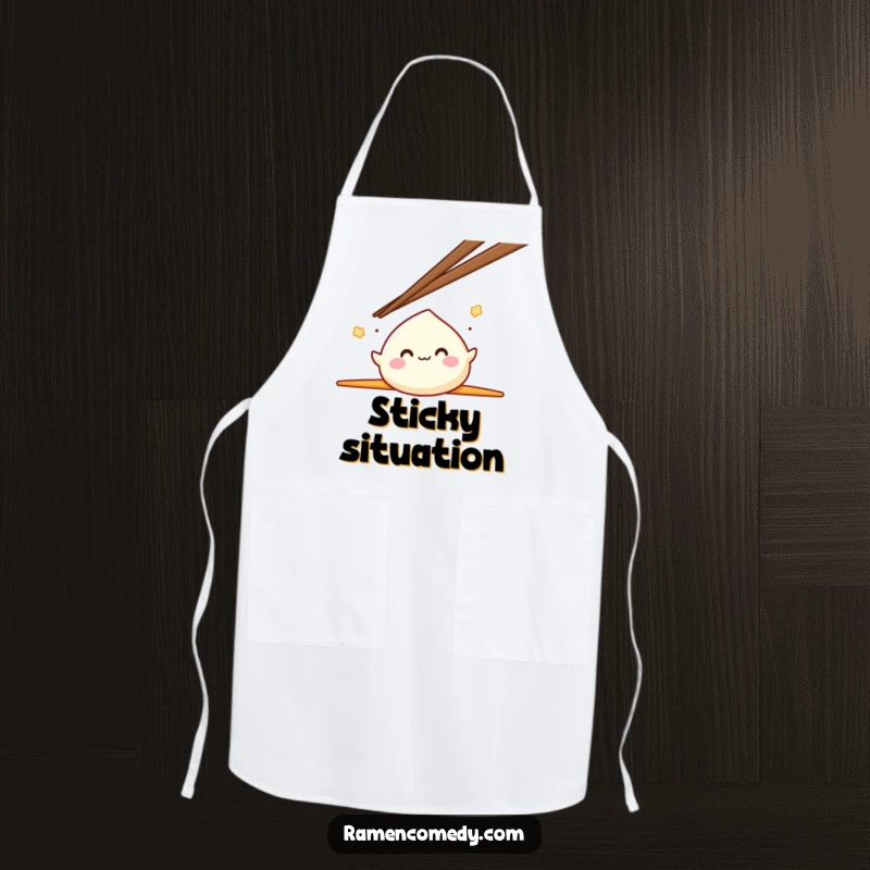 Funny Mochi Apron featuring a smiling mochi character energetically bouncing between two oversized chopsticks, perfect for a joyful cook.