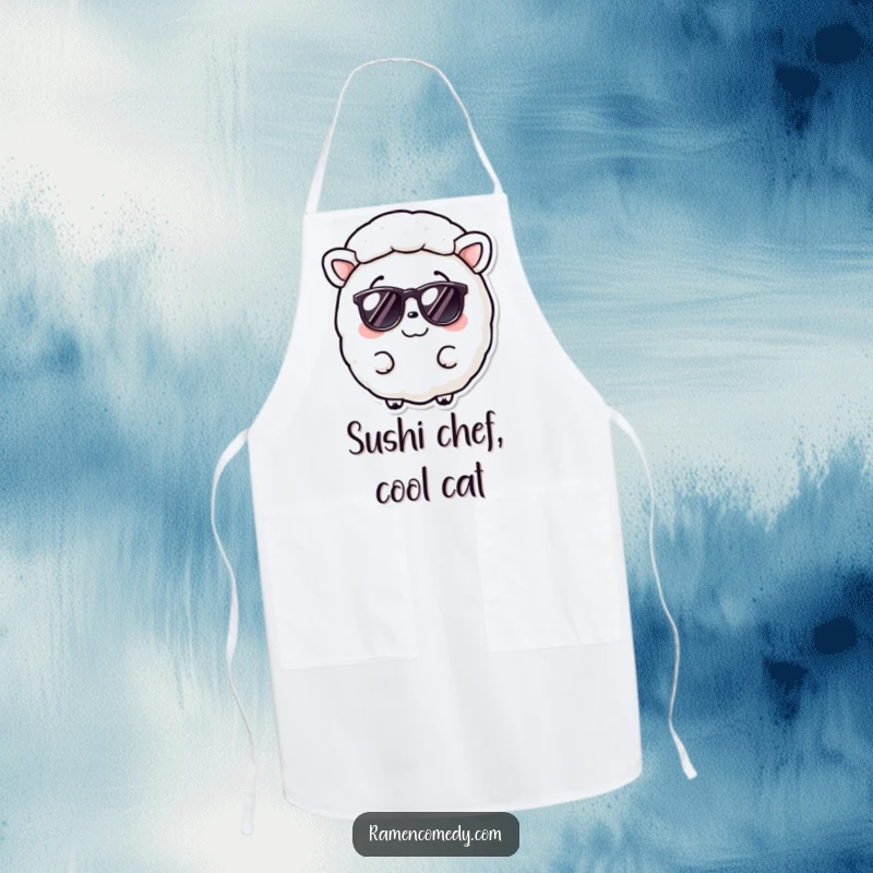 Funny Nori Sheet Apron showing a smiling seaweed sheet wearing cool tiny sunglasses, ideal for kitchen use.