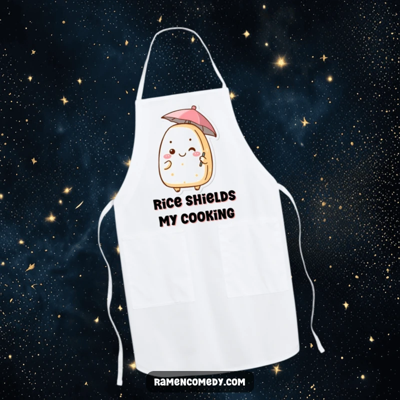 Funny onigiri apron showing a happy rice ball character holding a mini umbrella, perfect for kitchen fun and protection.