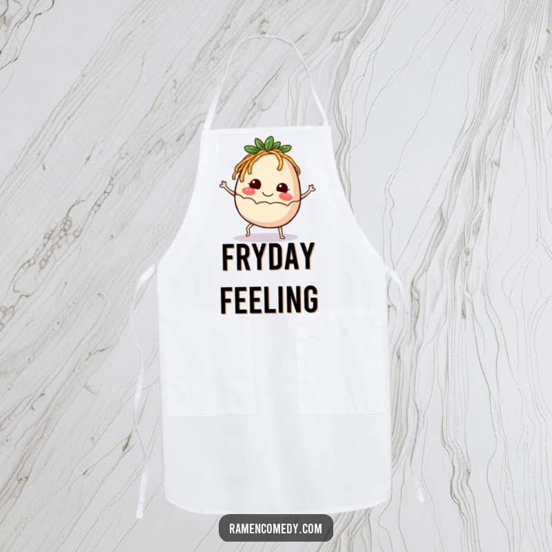 Funny Apron depicting a smiling ramen egg with tiny legs kicking up happily, bringing humor to cooking.