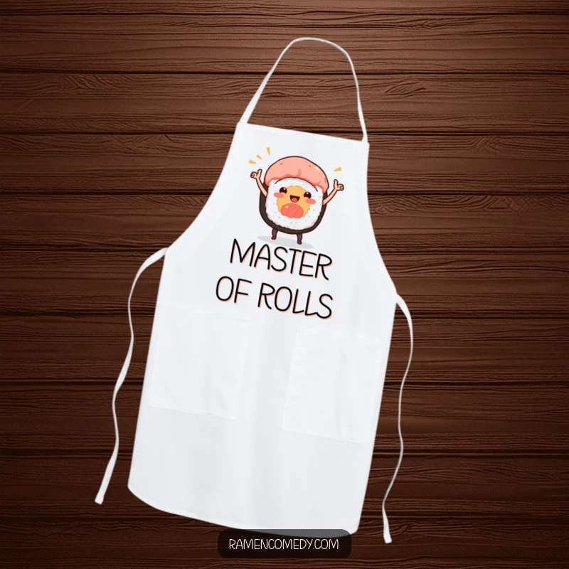 Funny apron showing a smiling sushi roll character doing a lively celebratory dance, perfect for kitchen fun.