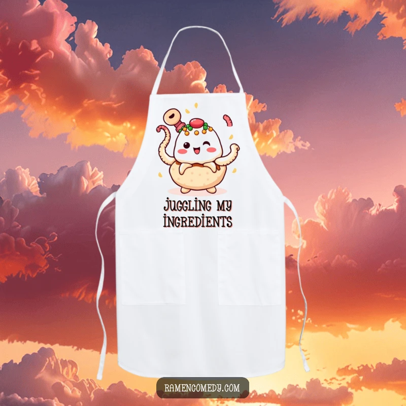 Funny takoyaki apron with a cheerful food ball juggling spinning octopus tentacles, ideal for kitchen protection and a fun vibe.
