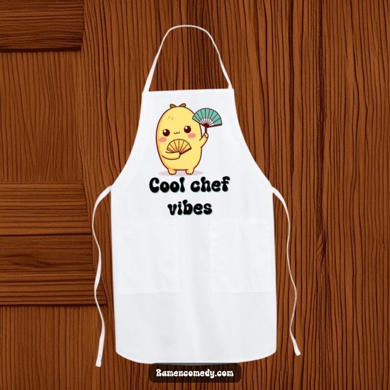 Funny tamagoyaki character holding a tiny fan on a kitchen apron, adding charm to cooking.