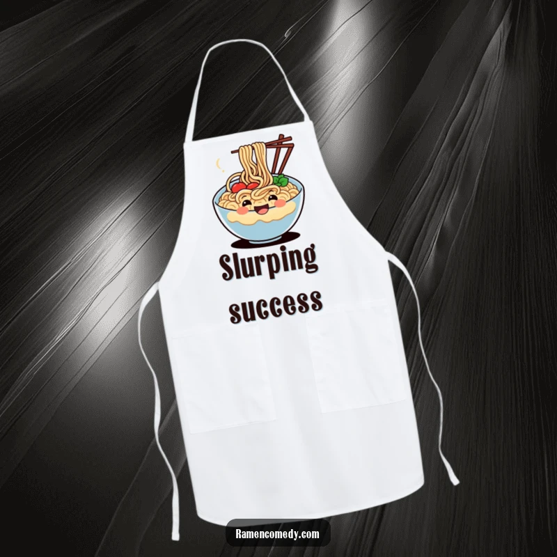 Funny apron showcasing a smiling, wiggling bowl of noodles, adding a humorous touch to your culinary adventures.