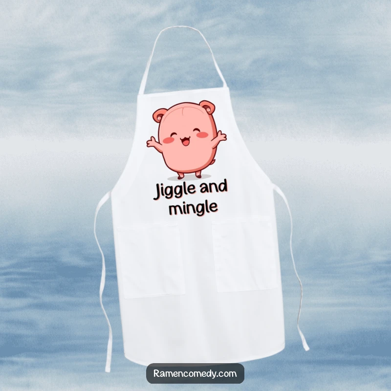 Funny chashu pork apron, happy dancing slice, cute ramen cooking accessory.