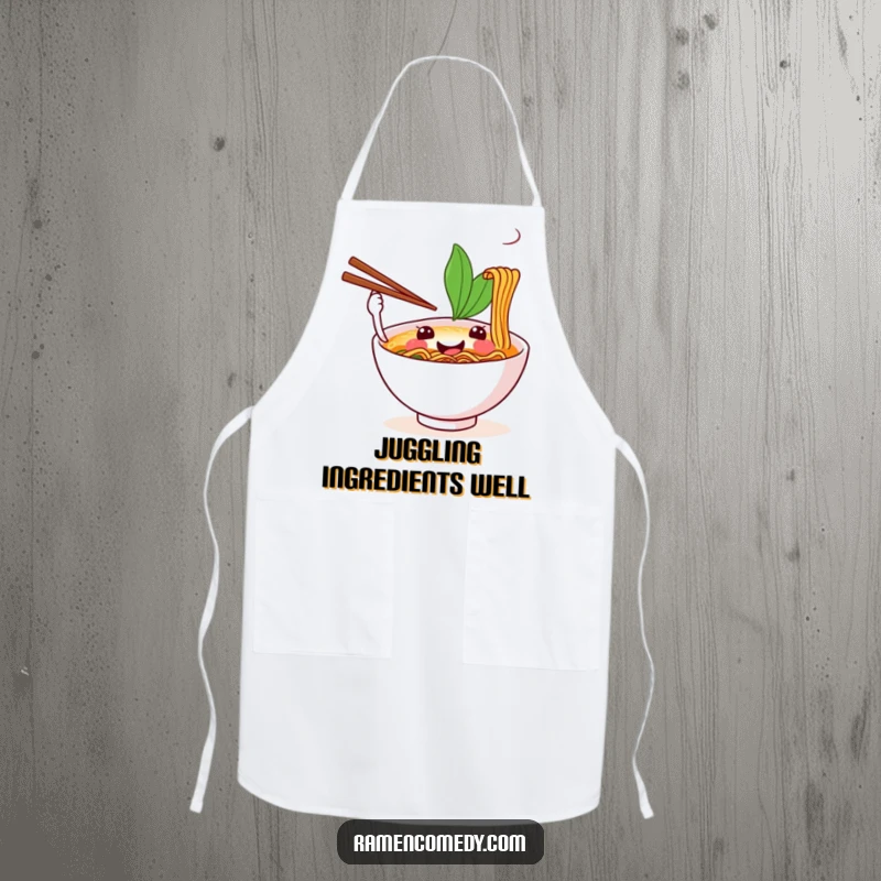Funny apron illustrating a happy ramen bowl juggling chopsticks, perfect for culinary entertainment.