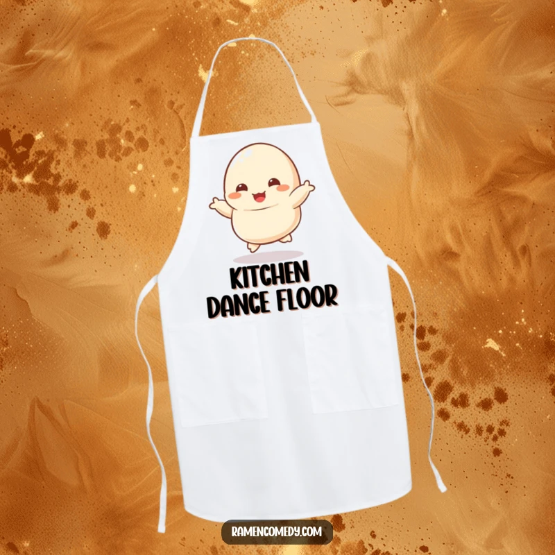 Funny apron showing a dancing dumpling character, tiny feet kicking joyfully, perfect for a fun-loving cook.