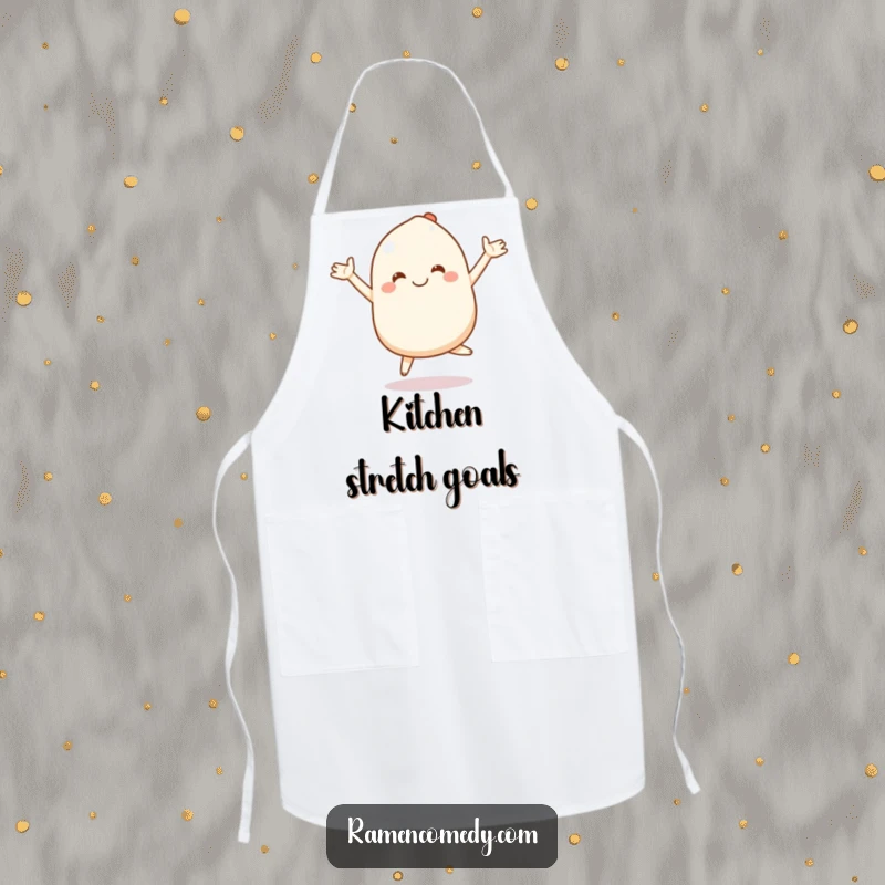 Funny mochi apron showing a smiling character bouncing playfully with stretchy arms, ideal for a cheerful cooking experience.