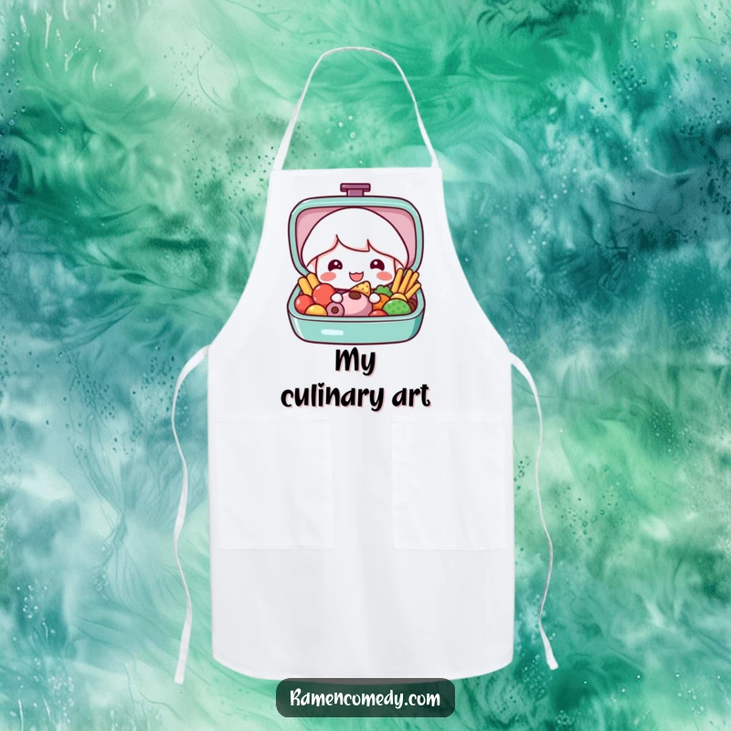 Funny bento box apron featuring a cute bento box character opening to display a colorful and delicious meal, perfect for cooking.