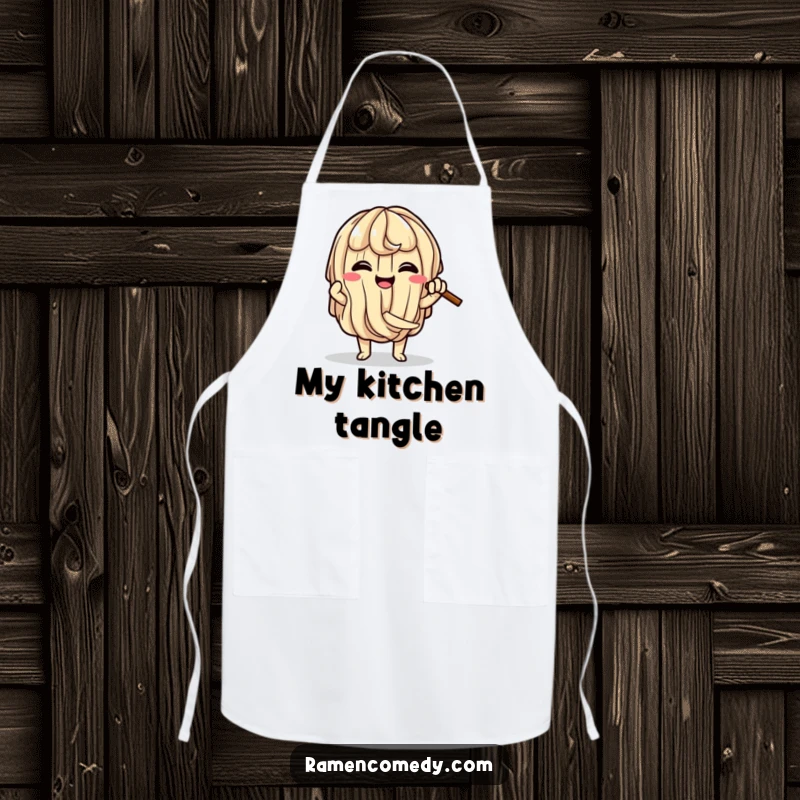 Funny Ramen Noodle Knot Apron featuring a happy ramen noodle character comically tying itself into a knot, perfect for a joyful cook.