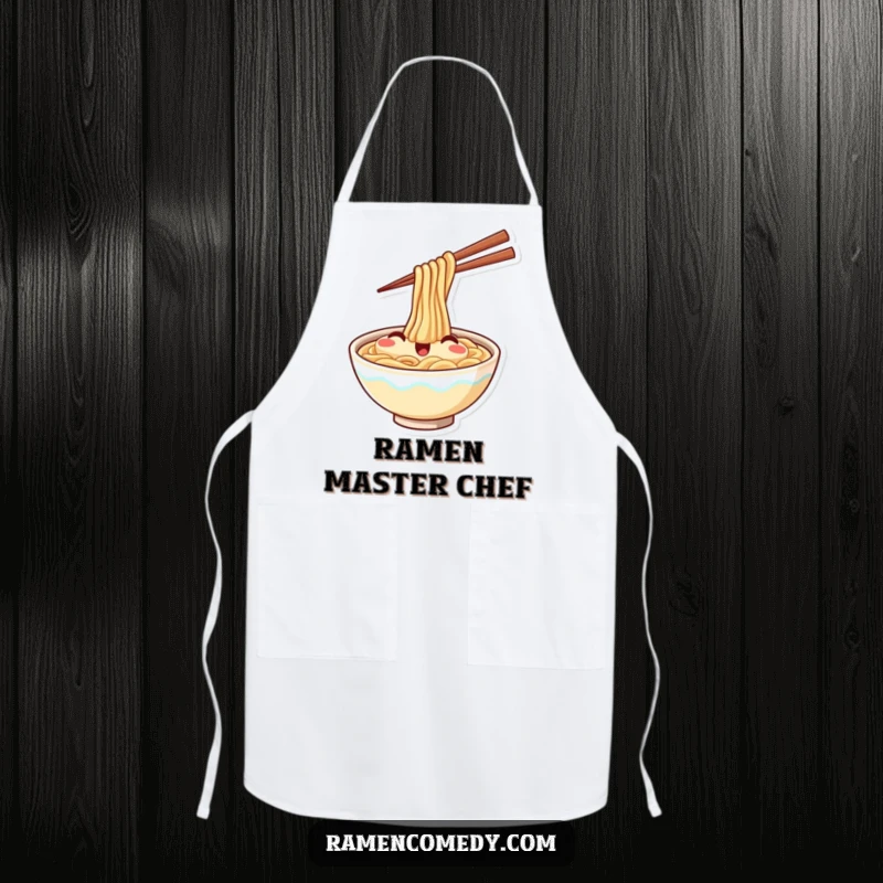 Funny apron graphic of a smiling ramen bowl joyfully waving with chopsticks, adding a fun and appetizing touch to cooking.