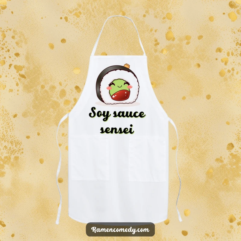 Funny apron graphic of a sushi piece winking playfully with a miniature soy sauce bottle, adding a fun and appetizing touch to cooking.