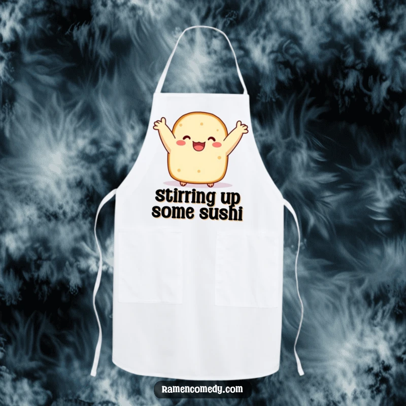 Funny cooking apron with a happy Nori sushi slice, arms raised, bobbing with kitchen enthusiasm. Practical and humorous chef accessory.