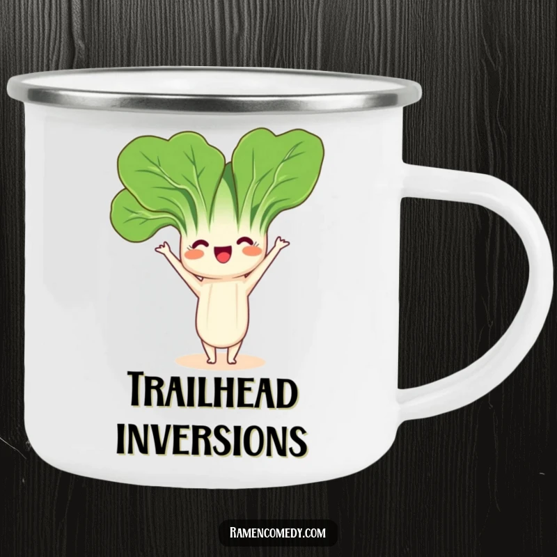 Funny Bok Choy Headstand Camping Mug with a friendly bok choy character playfully balancing in a headstand, perfect for adventure.