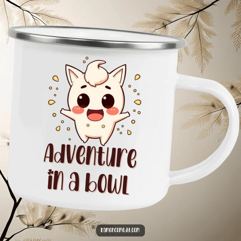Funny miso soup camping mug with a mischievous character splashing playfully, perfect for outdoor adventures and humor.