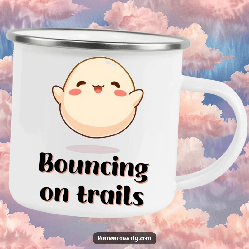 Funny Dumpling Bounce Camping Mug, a cartoonish dumpling happily bouncing like a tiny ball, durable for adventures.