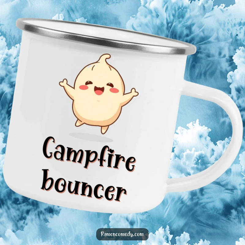Funny cheerful dumpling character joyfully bouncing, enamel camping mug. Perfect funny gift for outdoor food lovers.