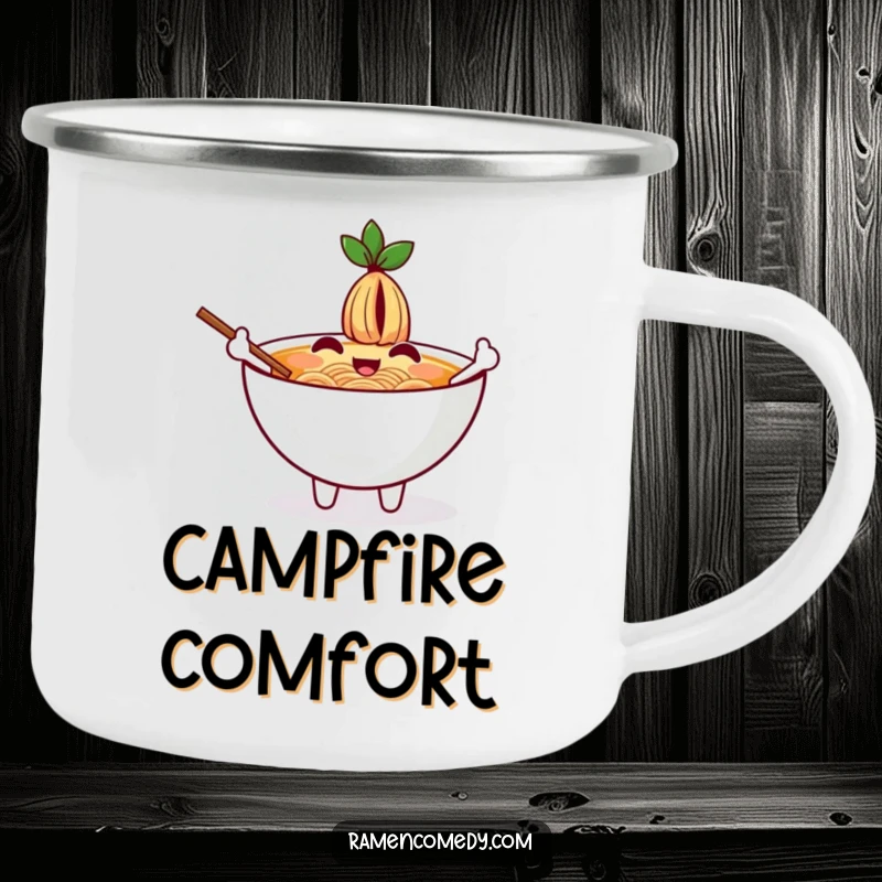 Funny camping mug with a cheerful ramen bowl character waving with chopsticks as arms, ideal for outdoor enjoyment.