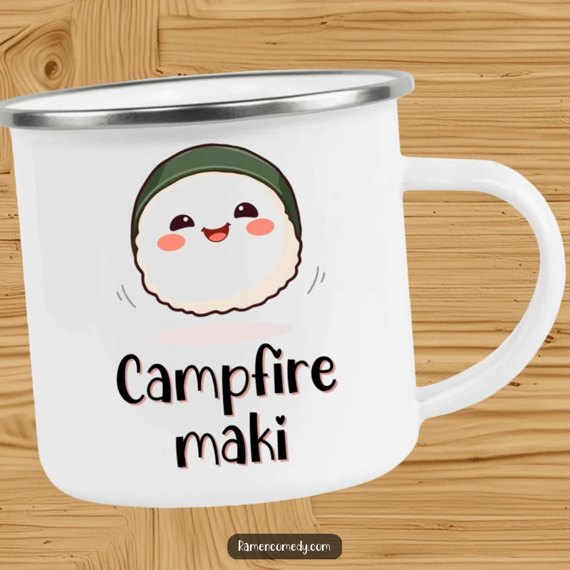Funny smiling sushi piece in a playful spin, durable outdoor camping mug.