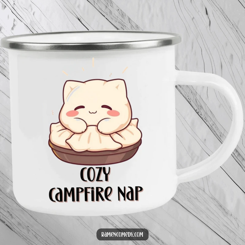Funny Gyoza Camping Mug: A happy gyoza character with a satisfied smile naps on a steaming pile, for outdoor cozy fun.