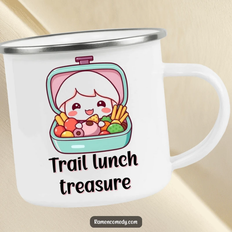 Funny bento box camping mug with a happy bento box character opening to show colorful food, great for outdoor meals.
