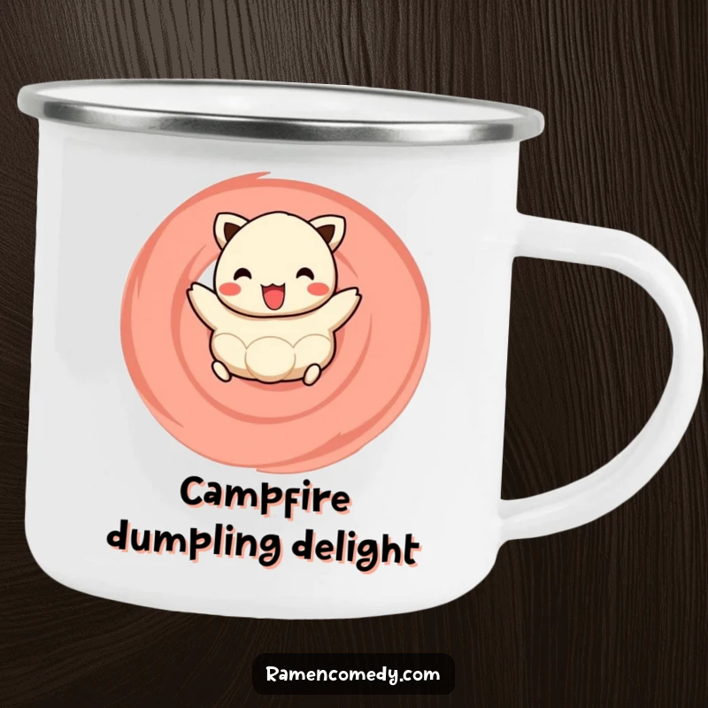 Funny camping mug featuring a happy dumpling playfully hopping on a naruto swirl, perfect for enjoying meals outdoors.