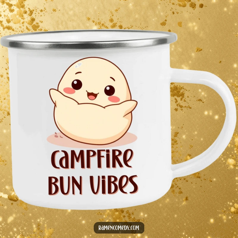 Funny cheerful dumpling rolling towards the viewer, durable outdoor camping mug.