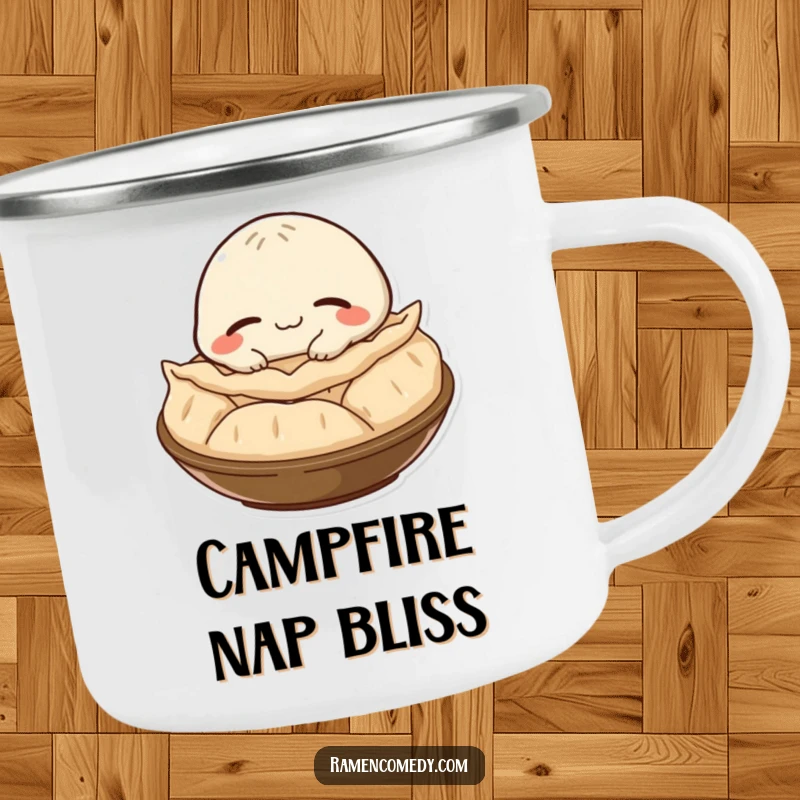 Funny gyoza character, satisfied and napping on a steaming pile, on a durable camping mug for relaxed adventures.