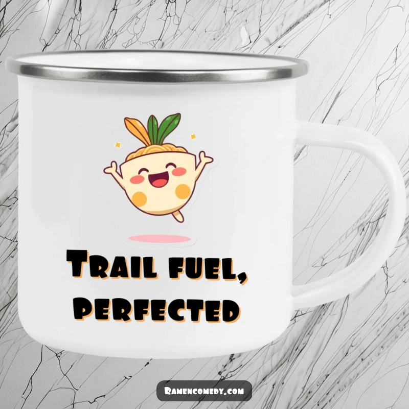 Funny happy ramen bowl character doing a joyful jump, durable outdoor camping mug.