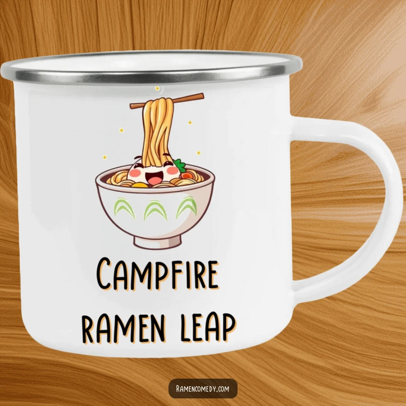 Funny Camping Mug showing a steaming ramen bowl with a happy face leaping out, perfect for outdoor enjoyment with a fun twist.