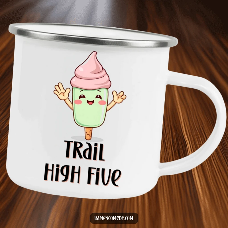 Funny matcha ice cream camping mug featuring a character giving a high-five, perfect for outdoor trips.