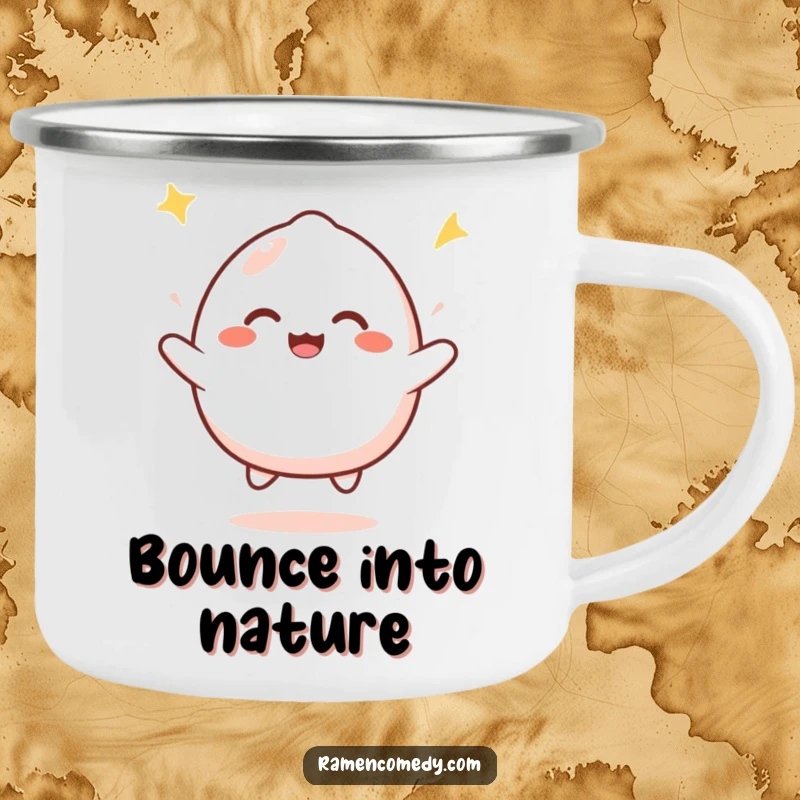 Funny mochi bounce camping mug with a cute mochi character joyfully bouncing with infectious happiness, perfect for outdoor enjoyment.