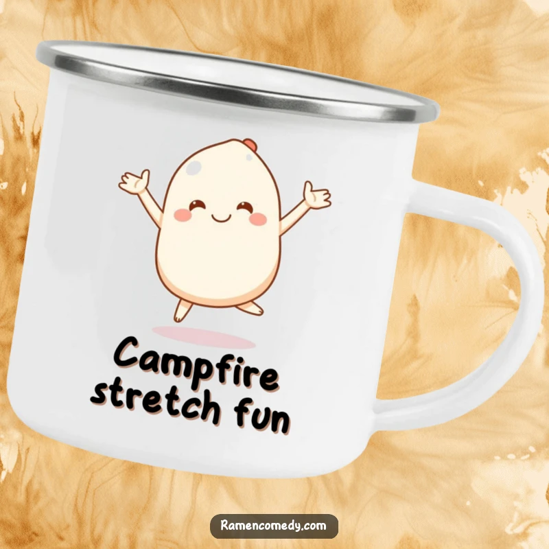 Funny mochi camping mug with a smiling character bouncing with stretchy arms, perfect for outdoor enjoyment and sweet humor.