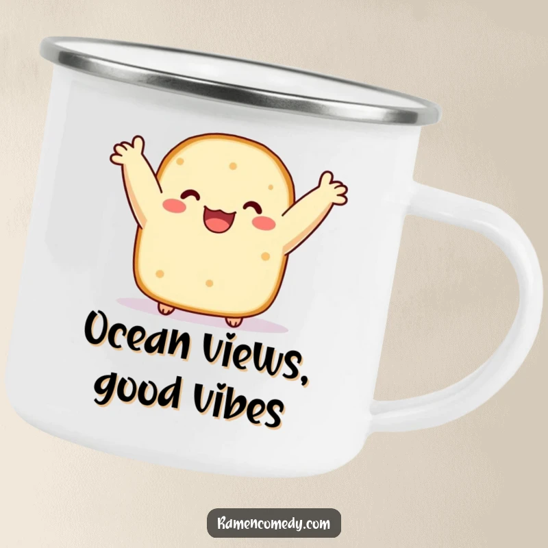 Funny camping mug with a happy Nori sushi slice, arms raised high, bobbing along. Durable and humorous drinkware for outdoors.