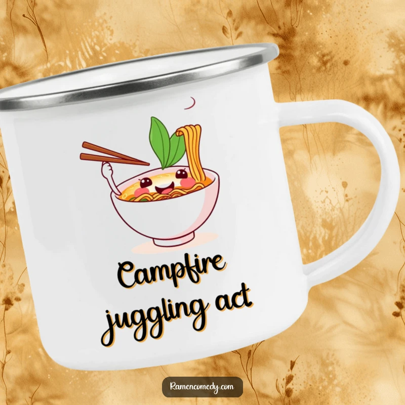 Funny camping mug showing a happy ramen bowl juggling chopsticks during an outdoor meal.