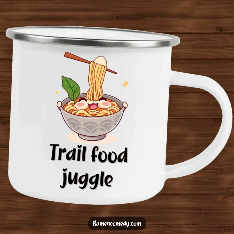 Funny ramen camping mug with a smiling noodle bowl character comically juggling chopsticks and an egg, ready for outdoor fun.