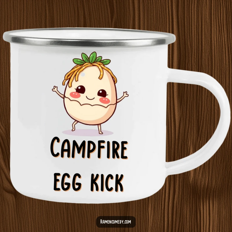 Funny Camping Mug showing a smiling ramen egg with tiny legs kicking up happily, perfect for outdoor enjoyment with a quirky twist.