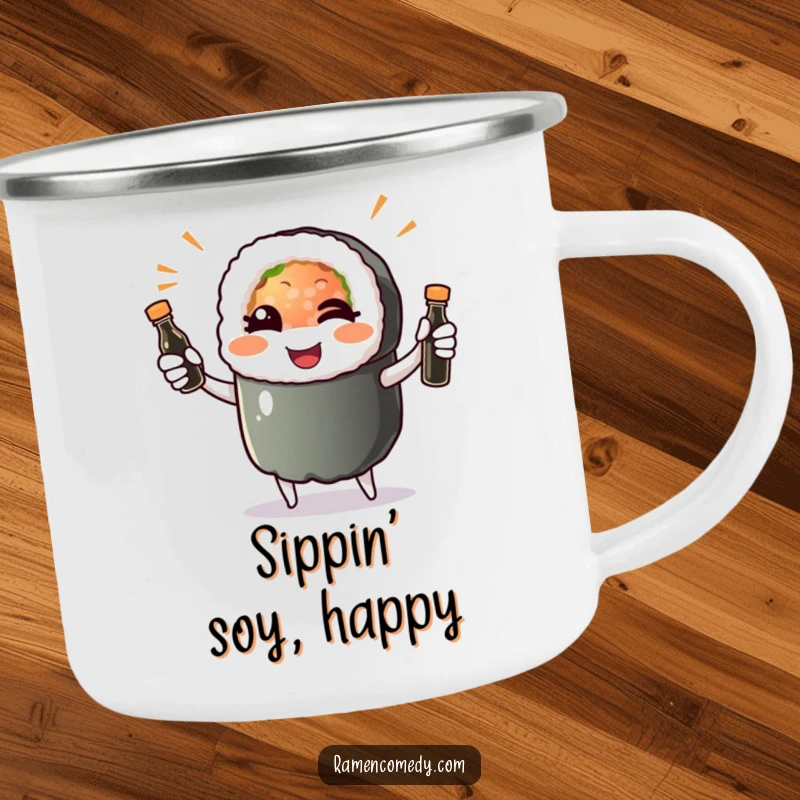 Funny sushi roll character winking and juggling soy sauce bottles, printed on a sturdy camping mug for outdoor fun.