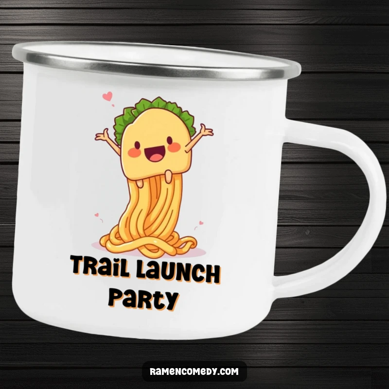 Funny taco noodle launch camping mug, a taco character launching from a springy noodle, perfect for outdoor adventures and food humor.