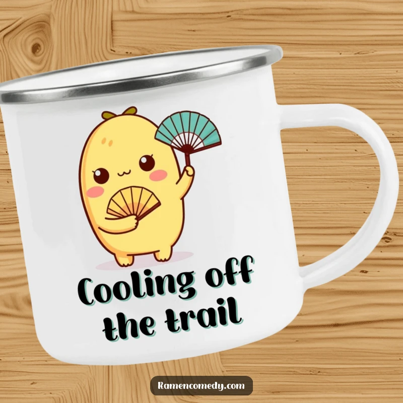 Funny tamagoyaki character holding a tiny fan on a camping mug, adding charm to outdoor drinks.